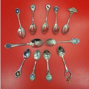 Vintage Lot Of 11 Enamel Souvenir Spoon Silver Tone